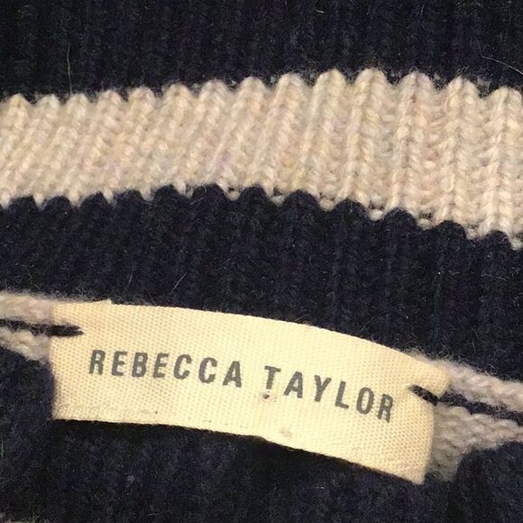 Rebecca Taylor Navy Blue Cream Stripe Merino Wool Ruffle Pullover Sweater - Picture 14 of 16
